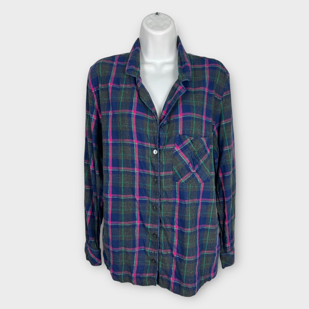 Victoria's Secret Blue Pink Plaid Pajama Top Small Sparkle Lurex Sleep Shirt
